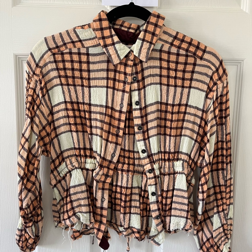 We The Free Cream and Tan Plaid Button-Down Shirt - Picture 2 of 4